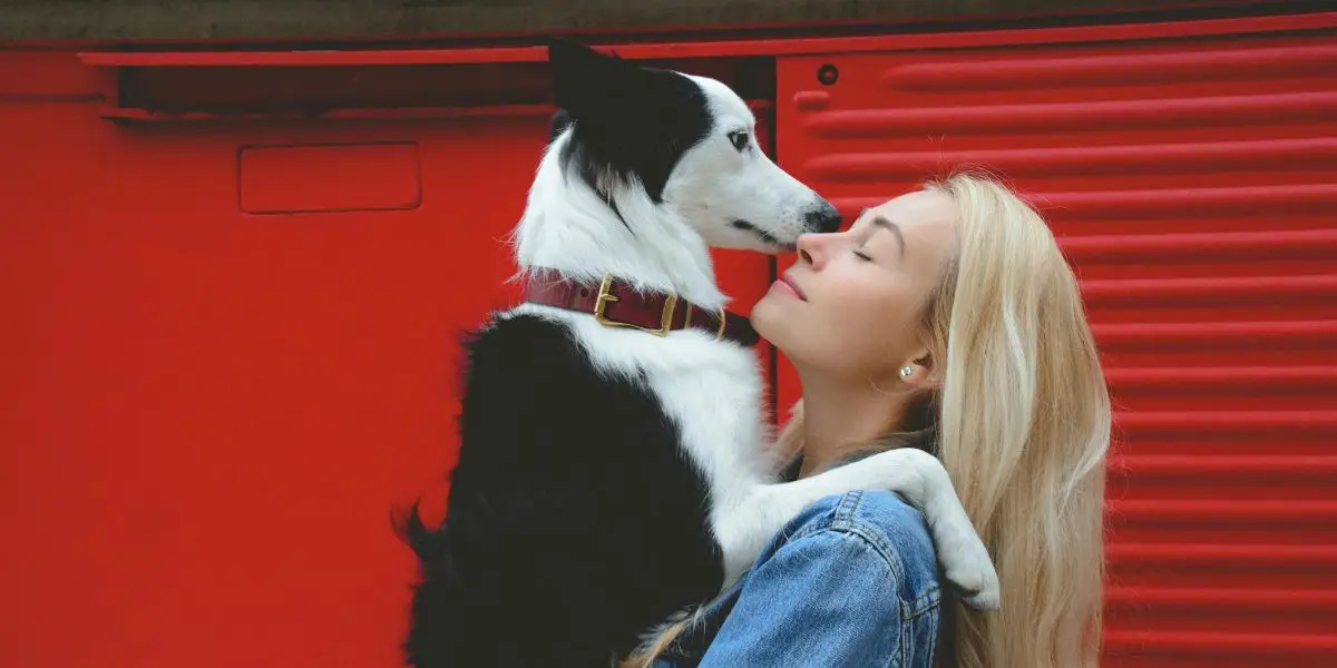 A woman holding a border collie up to her face, nose to nose, against a red wall
